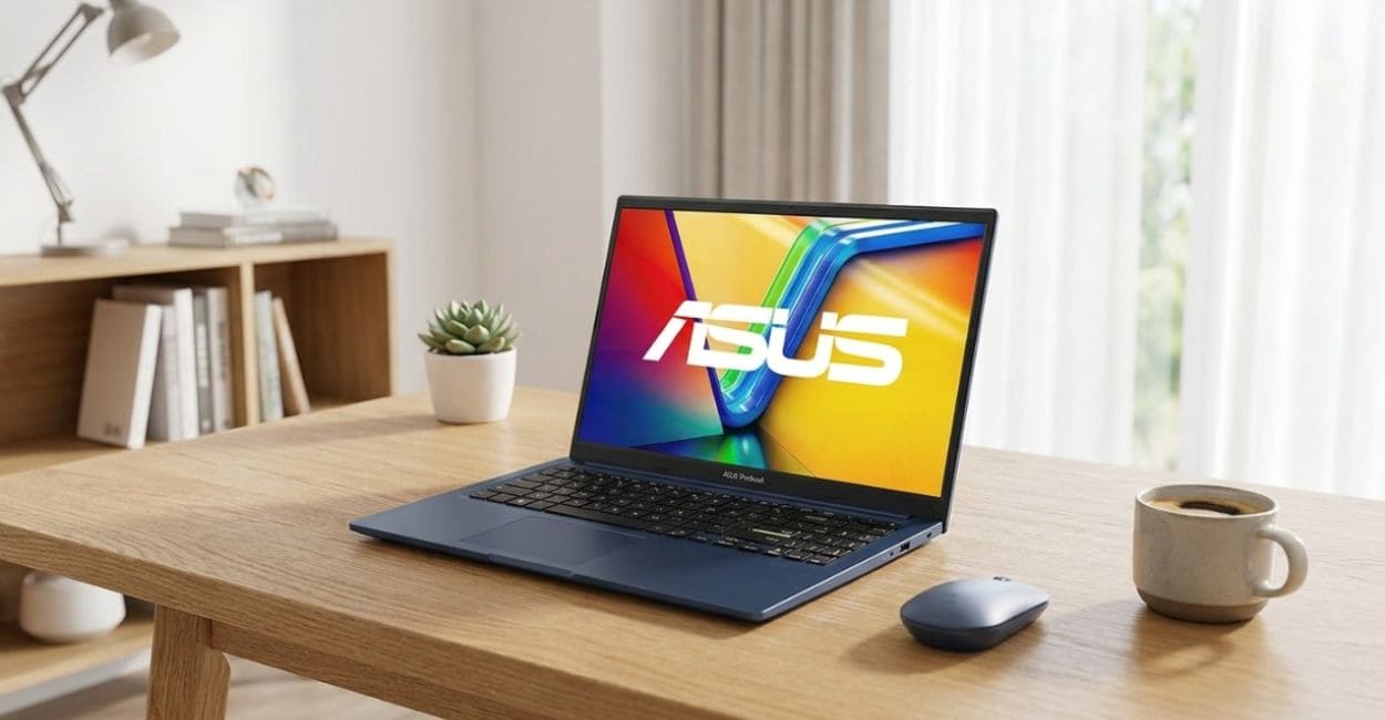 Notebook ASUS Vivobook 15 16GB RAM aberto, mostrando o teclado ASUS ErgoSense com bloco numérico