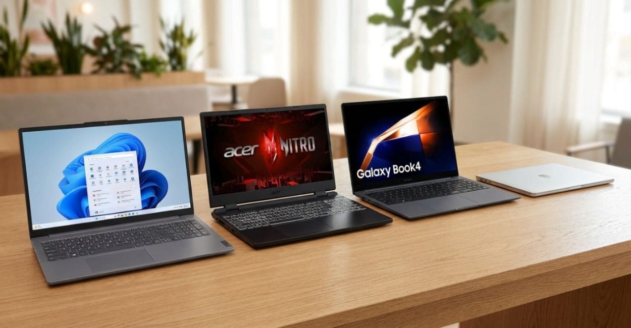 Notebook aberto sobre mesa de escritório exibindo a tela inicial do Windows 11