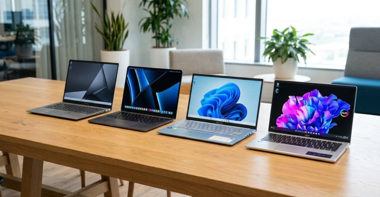Notebooks leves e potentes de diferentes marcas para comparação de portabilidade