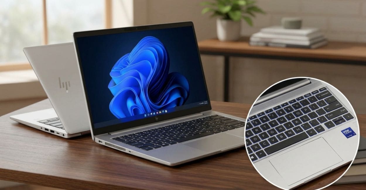 Teclado retroiluminado ABNT2 do HP EliteBook 640 G11 em destaque, com selo Intel Core visível