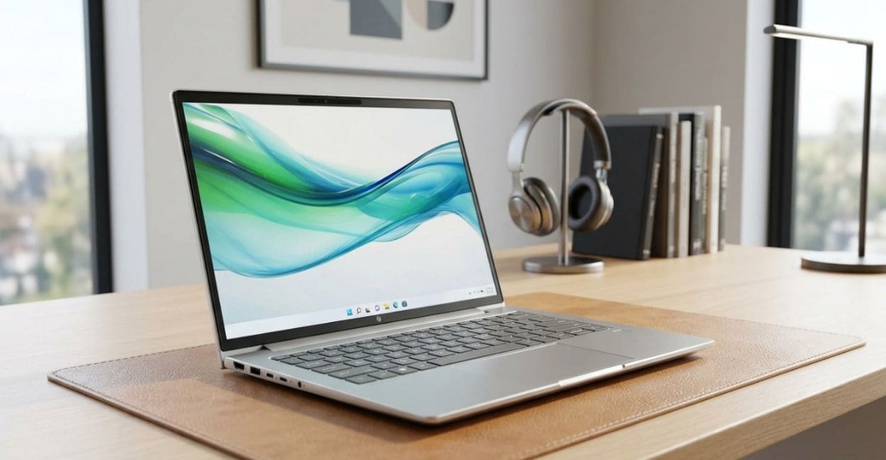 Tela do HP ProBook 440 G11 aberta em mesa de escritório com fones de ouvido ao fundo