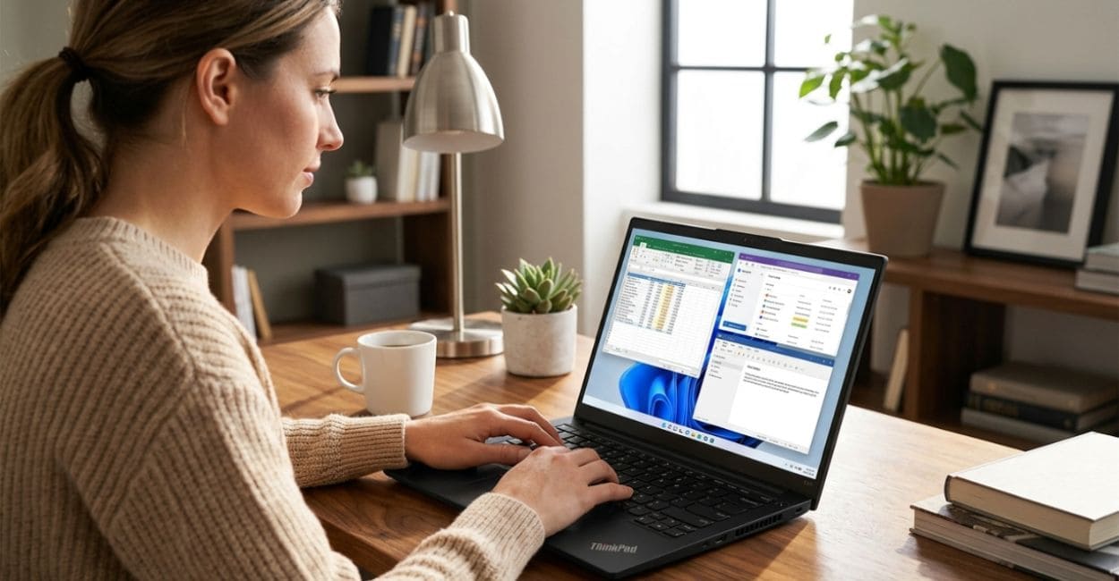Mulher usando o Lenovo ThinkPad E14 Gen 7 para trabalho em planilha e e-mail