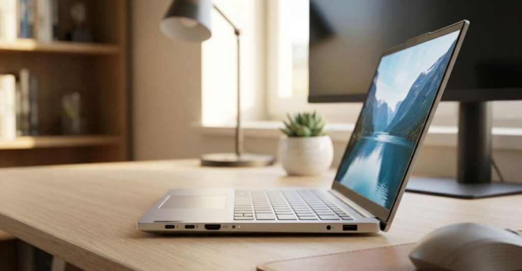 Lenovo Yoga Slim 7i aberto em ângulo lateral, evidenciando a espessura fina do chassi