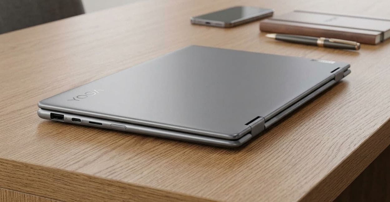Lateral do Lenovo Yoga 7i 2 em 1 Aura Edition fechado, mostrando as portas do lado esquerdo e o logo Yoga na tampa