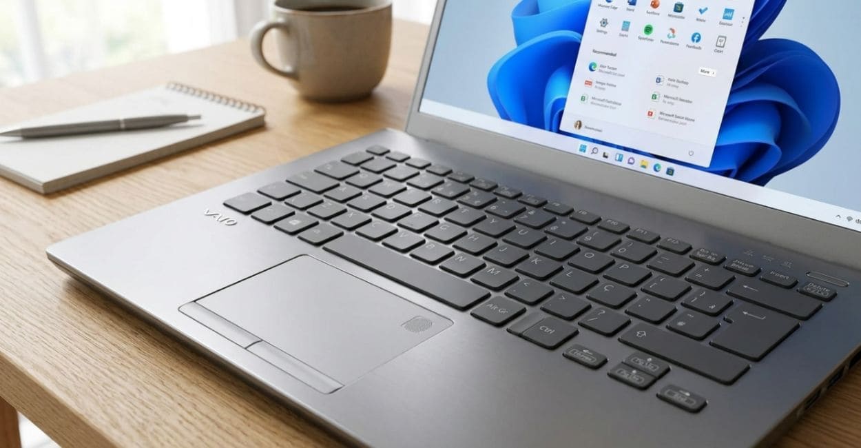 Teclado com layout ABNT2 do VAIO FE14 em destaque, com o logo VAIO ao lado do touchpad