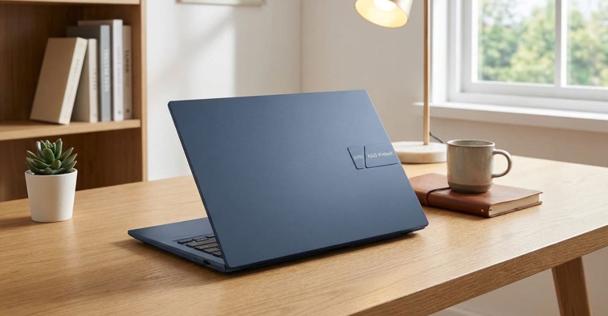 ASUS Vivobook 15 X1504VA-NJ1745W fechado, close-up do logo Vivobook na tampa