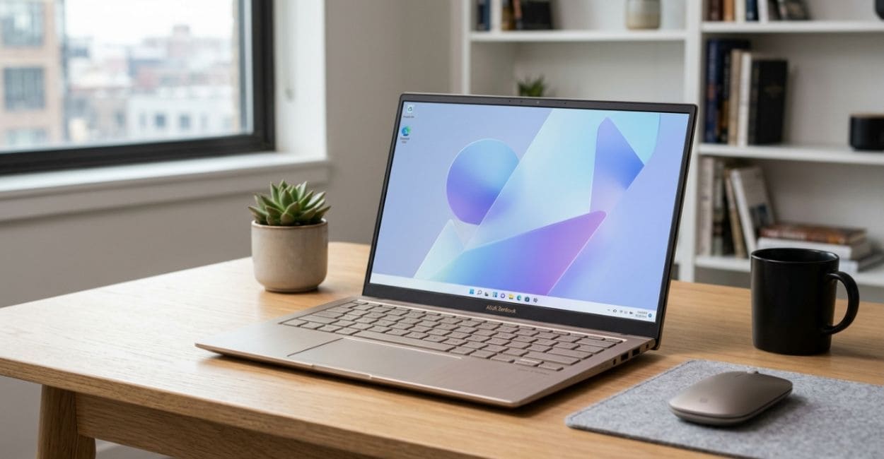 Notebook leve e potente aberto em mesa de escritório para multitarefa