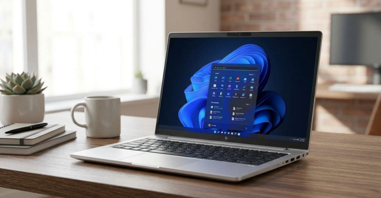 HP EliteBook 640 G11 aberto em mesa de escritório exibindo o menu Iniciar do Windows 11