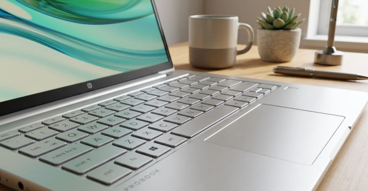 Teclado do HP ProBook 440 G11 em destaque, com a marca ProBook visível no chassi
