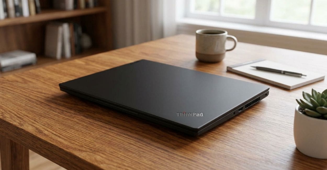 Lenovo ThinkPad E14 Gen 7 fechado sobre mesa, mostrando o acabamento preto fosco e o logo ThinkPad