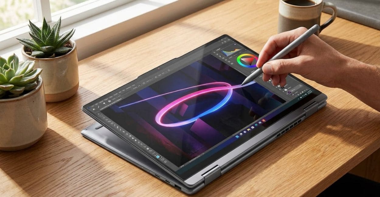 Lenovo Yoga 7i 2 em 1 Aura Edition em modo tablet sendo usado com a caneta digital em um aplicativo de desenho