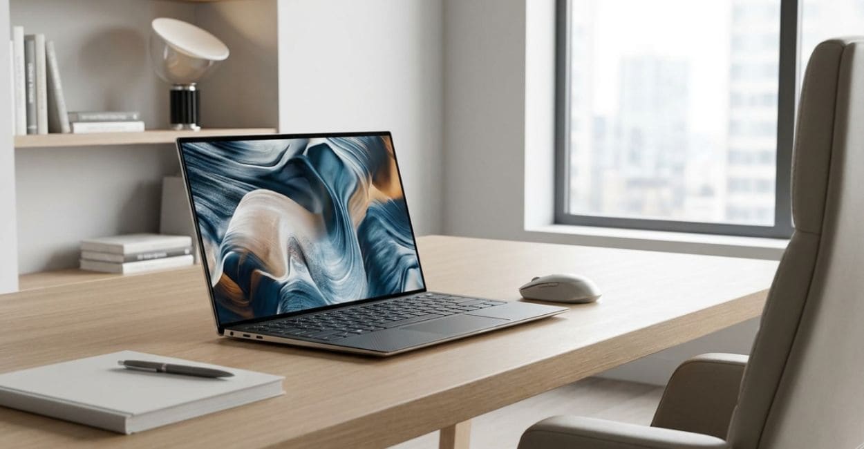 Notebook ultrafino aberto sobre mesa de home office, com mouse e caderno ao lado