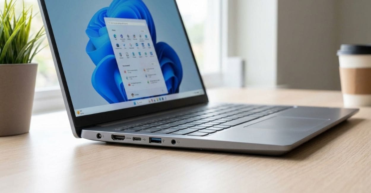 Lenovo IdeaPad Slim 3 83NS0002BR: lateral mostrando portas HDMI, USB-C, USB-A e saída de fone