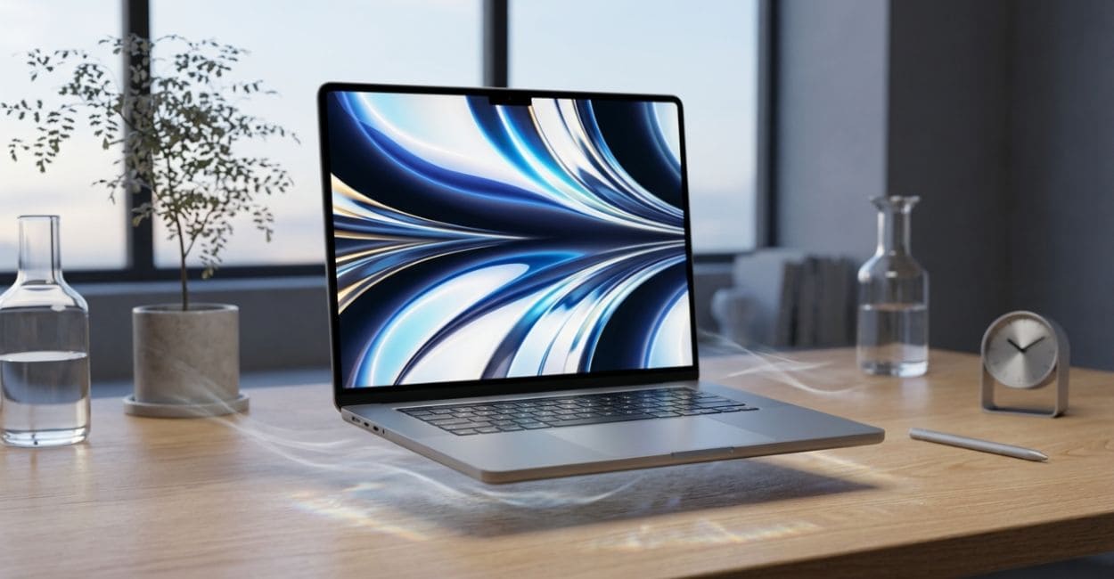 Notebook leve e potente moderno sobre mesa de trabalho