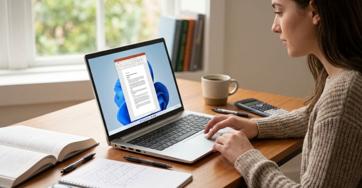 Mulher usando o HP EliteBook 640 G11 para trabalho com documento de texto no dia a dia