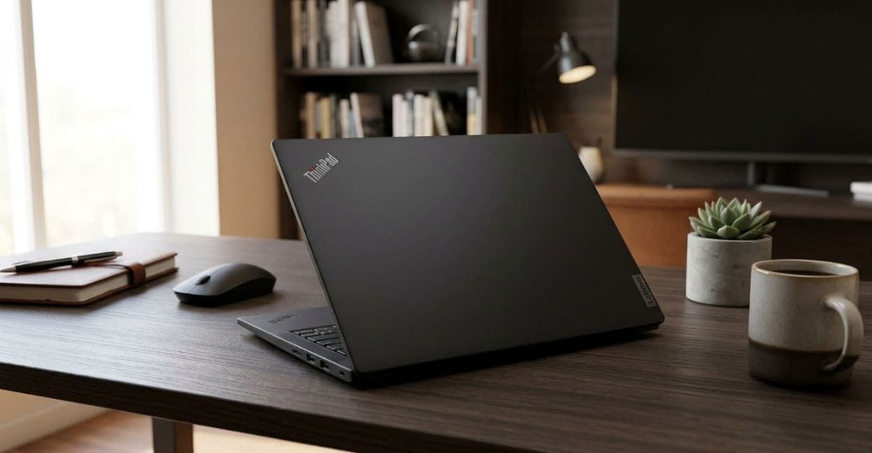Lenovo ThinkPad E14 Gen 7 aberto em ângulo lateral, evidenciando a espessura fina do chassi