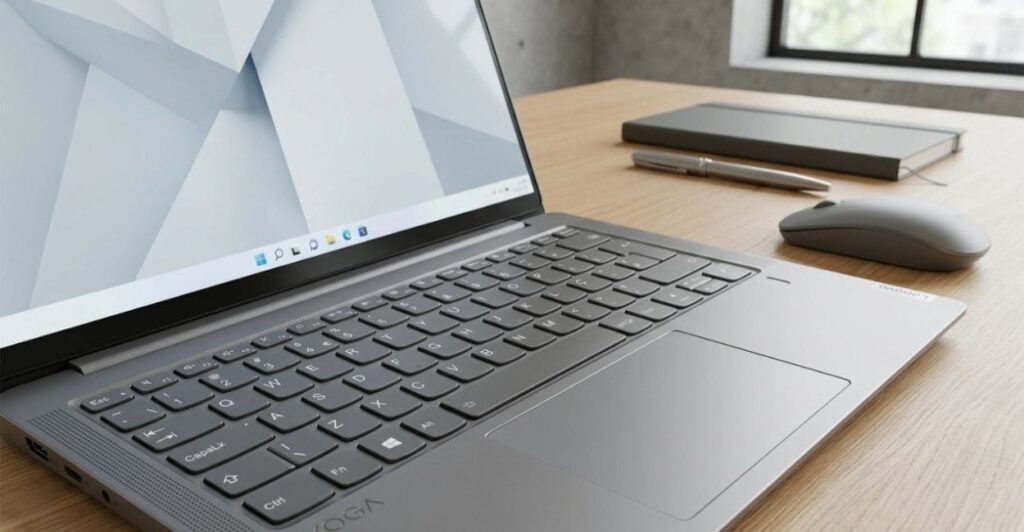 Teclado retroiluminado do Lenovo Yoga Slim 7i em destaque, com o logo Lenovo visível