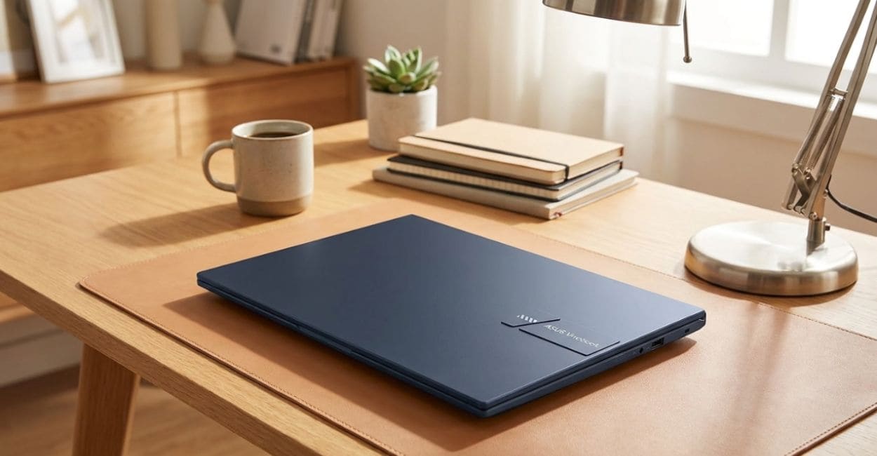 ASUS Vivobook 15 16GB RAM fechado sobre mesa de madeira em ambiente de home office