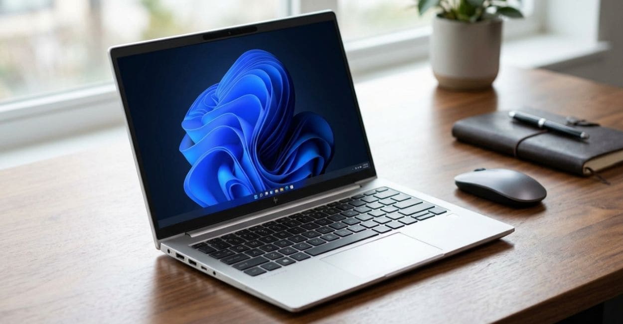 HP EliteBook 640 G11 aberto sobre mesa de madeira ao lado de mouse sem fio