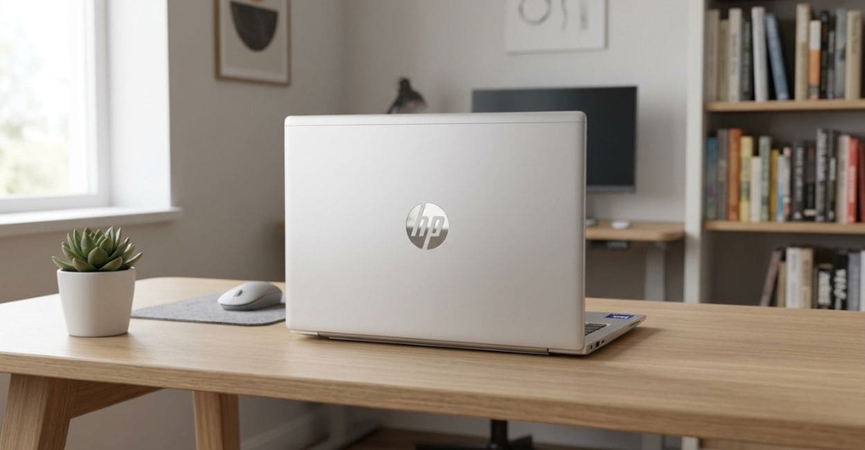 HP ProBook 440 G11 fechado sobre mesa de escritório, vista traseira com o logo HP