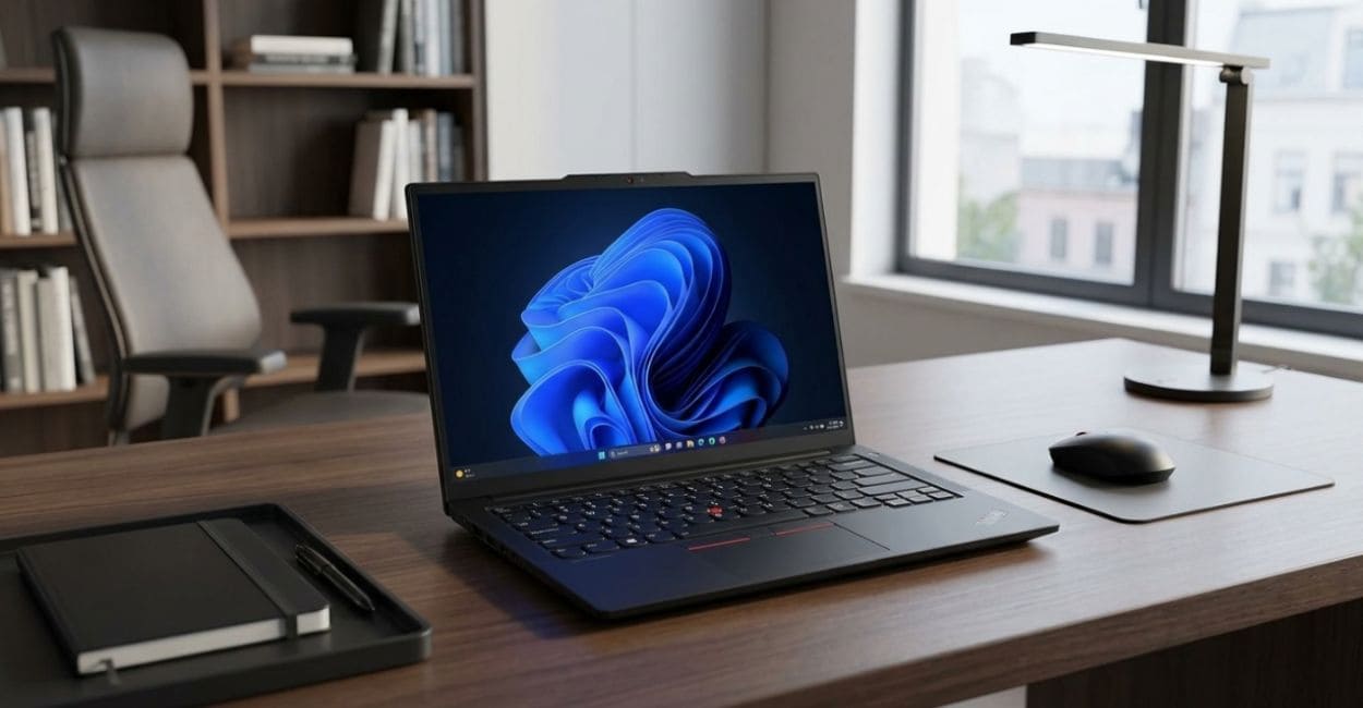 Lenovo ThinkPad E14 Gen 7 aberto sobre mesa de escritório, tela exibindo wallpaper do Windows 11