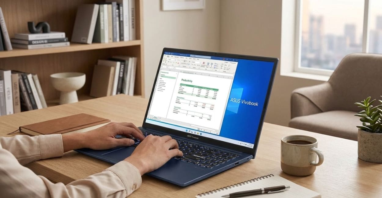 Pessoa digitando no ASUS Vivobook 15 16GB RAM com aplicativos de escritório abertos, ambiente de home office