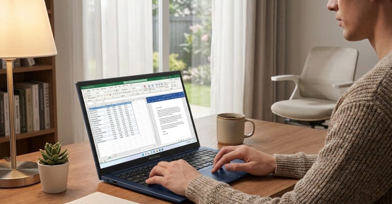 Pessoa usando o ASUS Vivobook 15 16GB RAM com Word e Excel abertos lado a lado, ambiente de home office