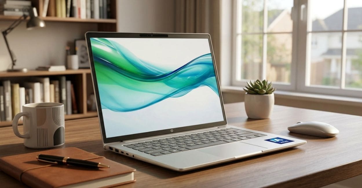 HP ProBook 440 G11 aberto sobre mesa de escritório com café e planta ao lado
