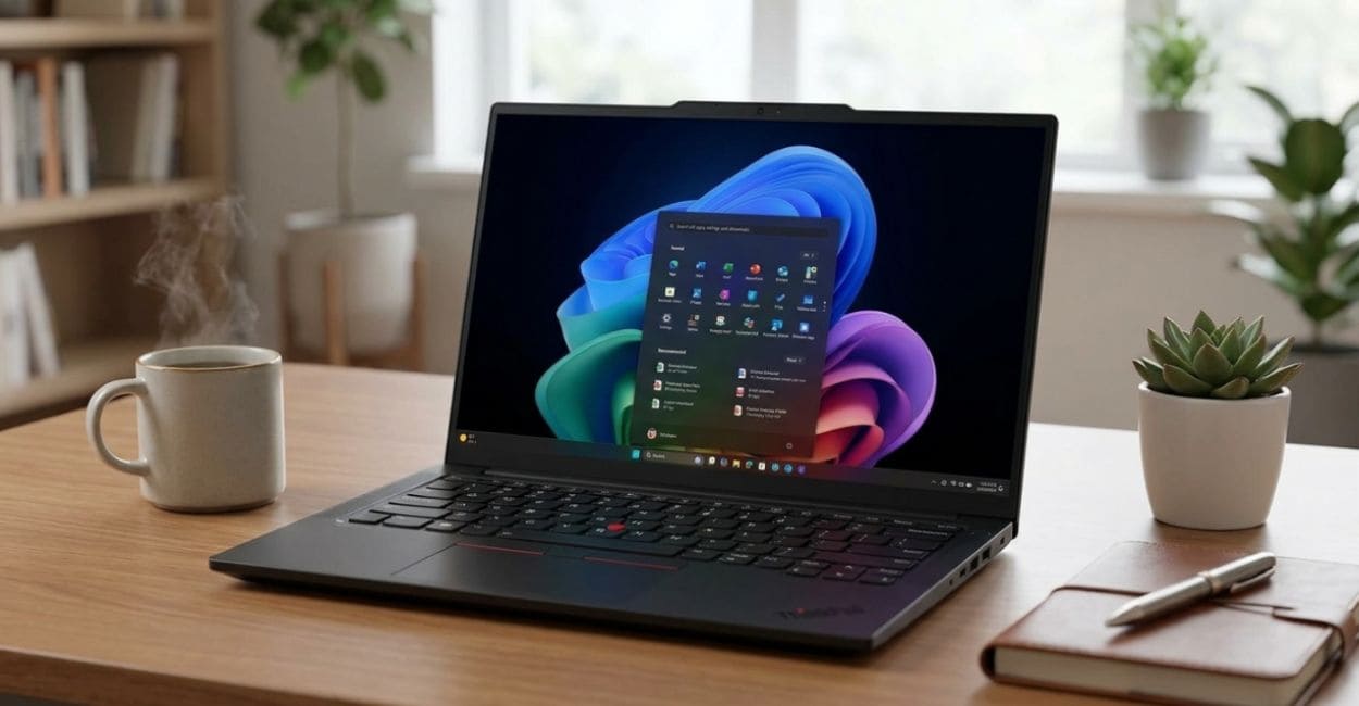 Lateral do Lenovo ThinkPad E14 Gen 7 mostrando as portas USB do lado direito