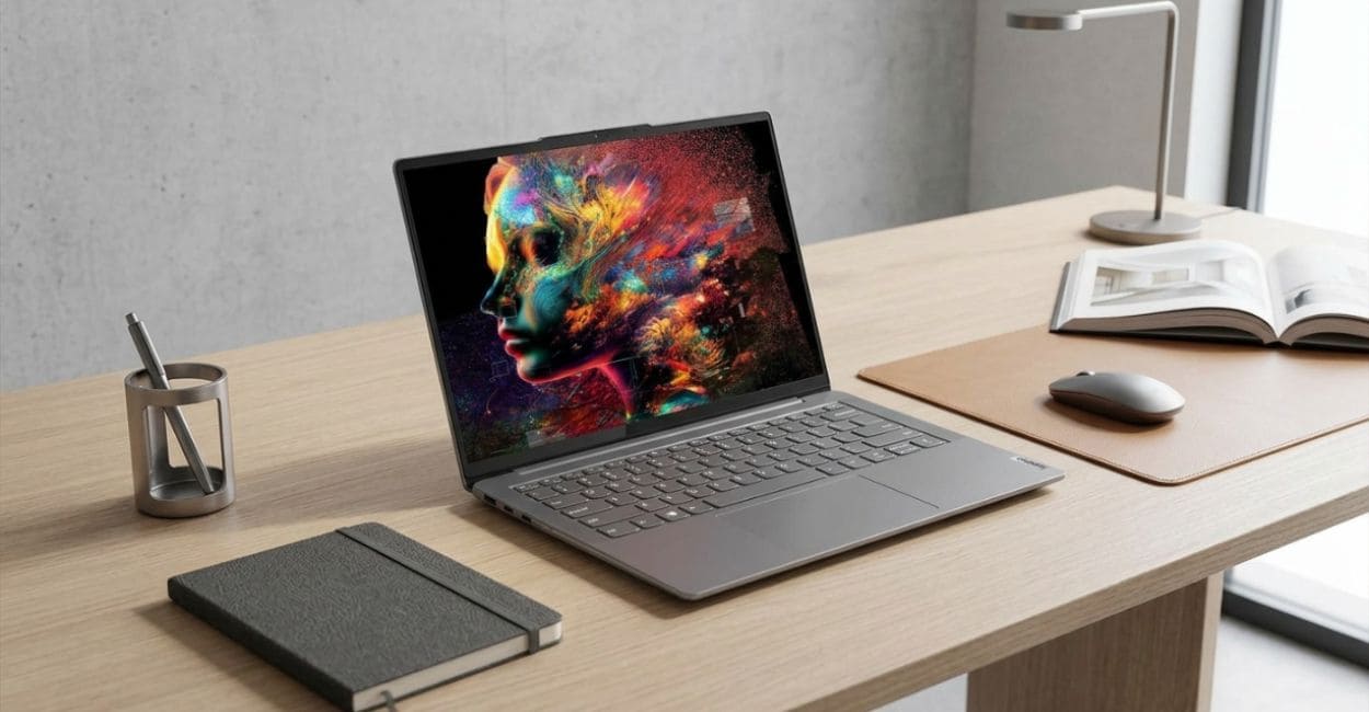 Lenovo Yoga Slim 7i aberto sobre mesa exibindo tela OLED com arte digital colorida