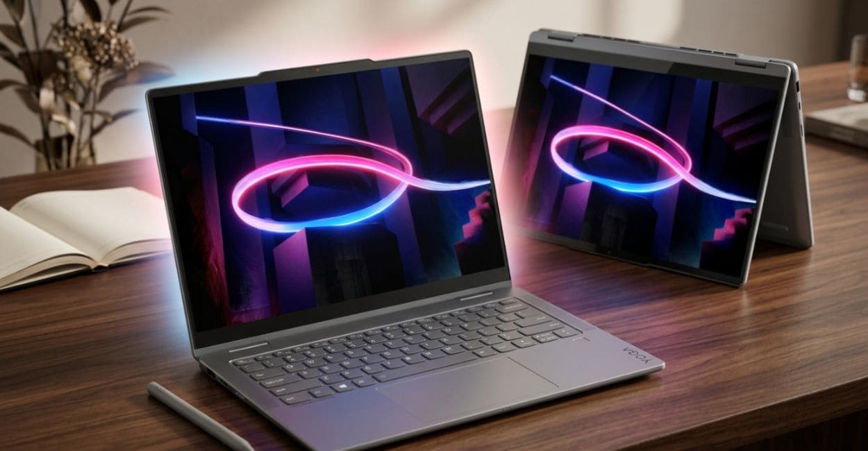 Lenovo Yoga 7i 2 em 1 Aura Edition em modo notebook e em modo tenda, mostrando a dobradiça de 360 graus