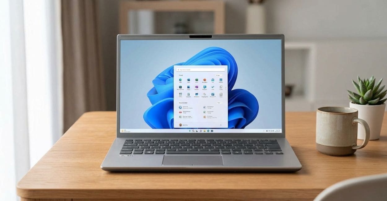 Tela do VAIO FE14 vista de frente, exibindo o Windows 11 com o menu Iniciar aberto