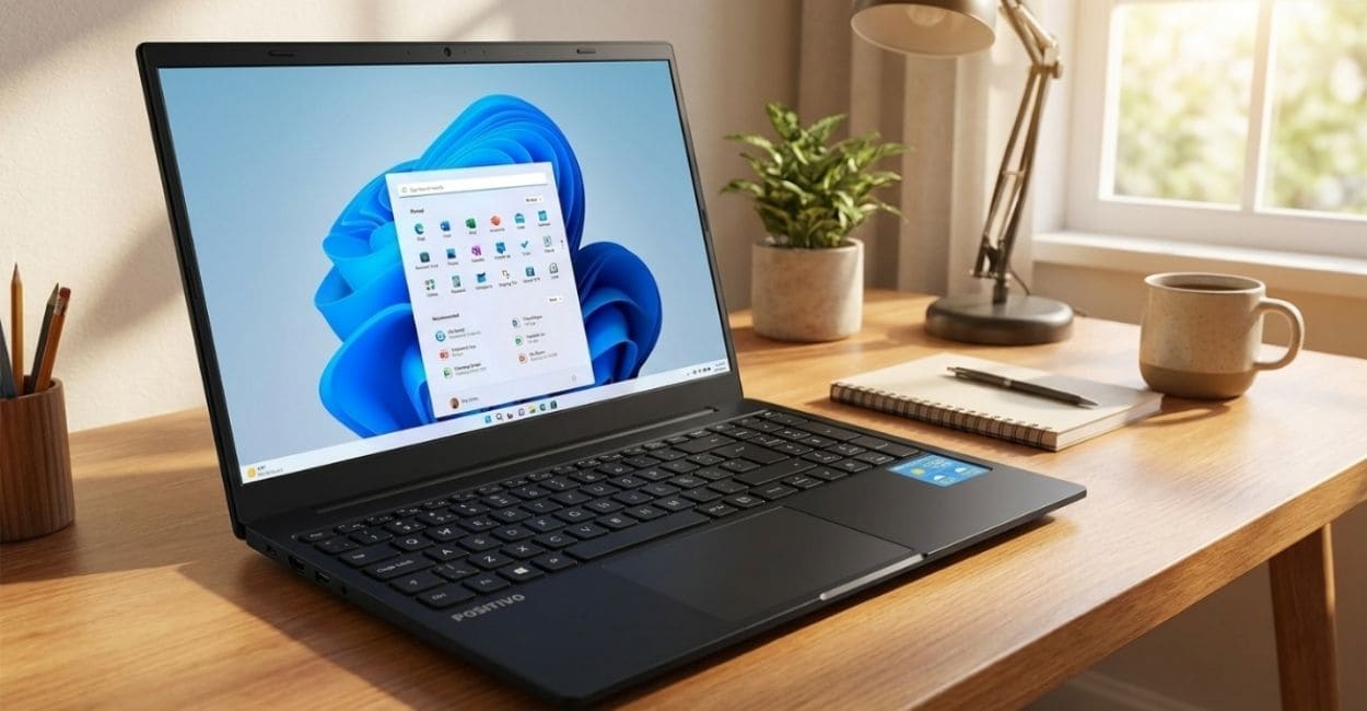 Positivo Vision R15M aberto sobre a mesa, pronto para o uso diário, outro ângulo do ambiente de home office