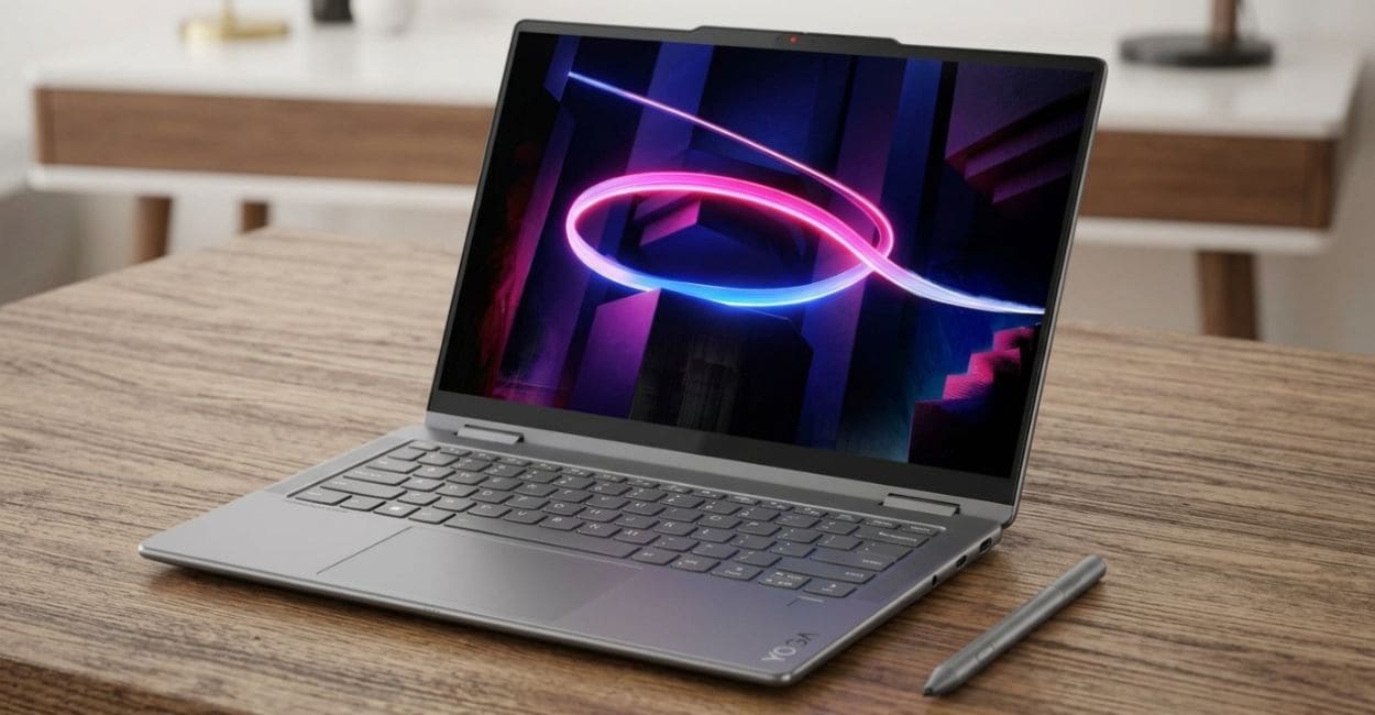 Lenovo Yoga 7i 2 em 1 Aura Edition aberto em modo notebook sobre mesa de madeira, com a caneta ao lado e a tela OLED ligada