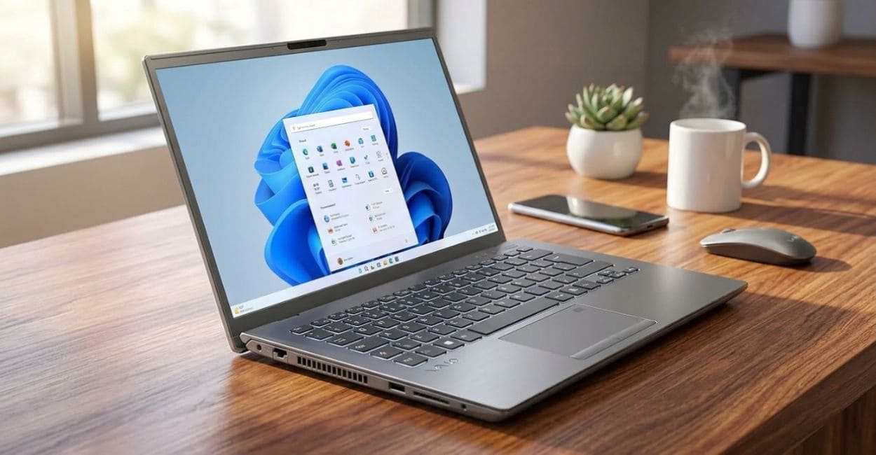 VAIO FE14 aberto em ângulo lateral sobre mesa de madeira, mostrando teclado e portas