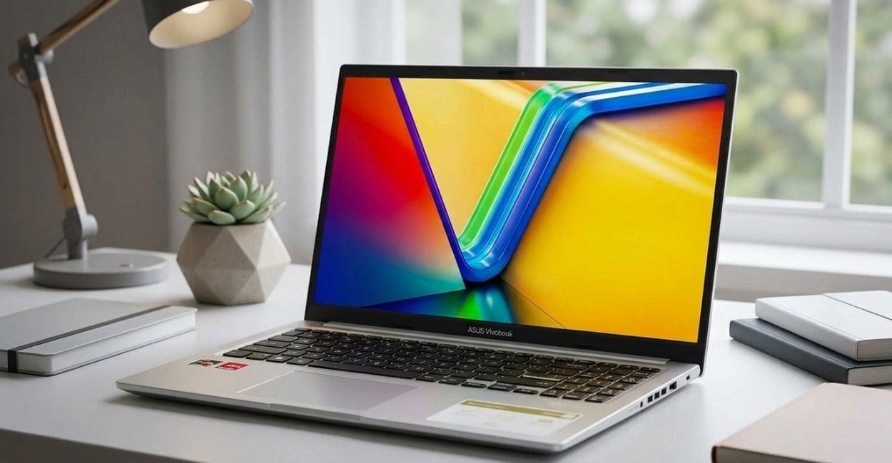 ASUS Vivobook 15 M1502YA aberto em mesa de trabalho ao lado de planta e luminária