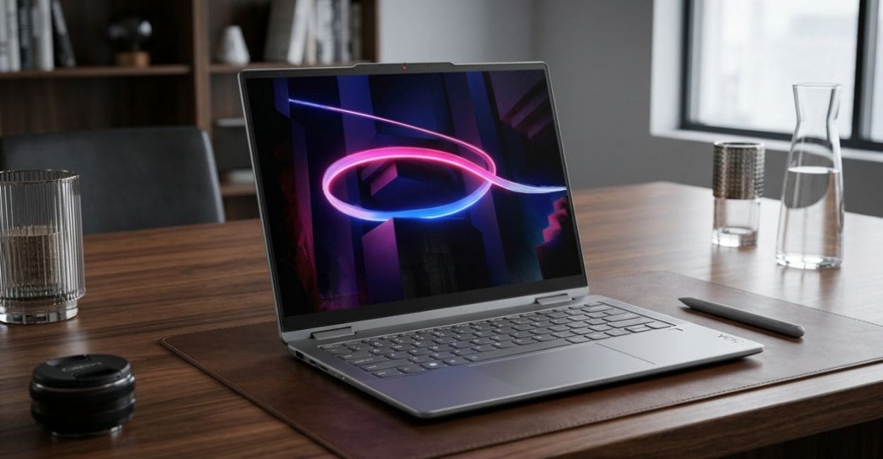 Teclado e touchpad do Lenovo Yoga 7i 2 em 1 Aura Edition em modo notebook, com a caneta digital ao lado