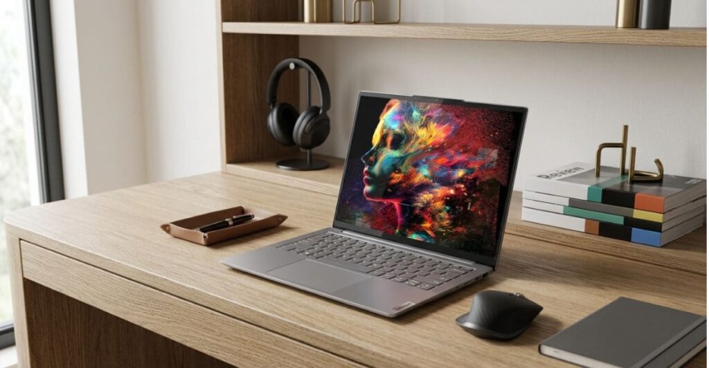 Lenovo Yoga Slim 7i exibindo arte digital colorida na tela, ilustrando uso para edição criativa