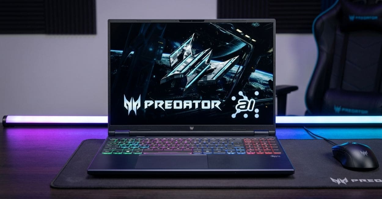 Notebook gamer Acer Predator Helios Neo 16 AI aberto sobre mesa com teclado RGB aceso e mouse ao lado