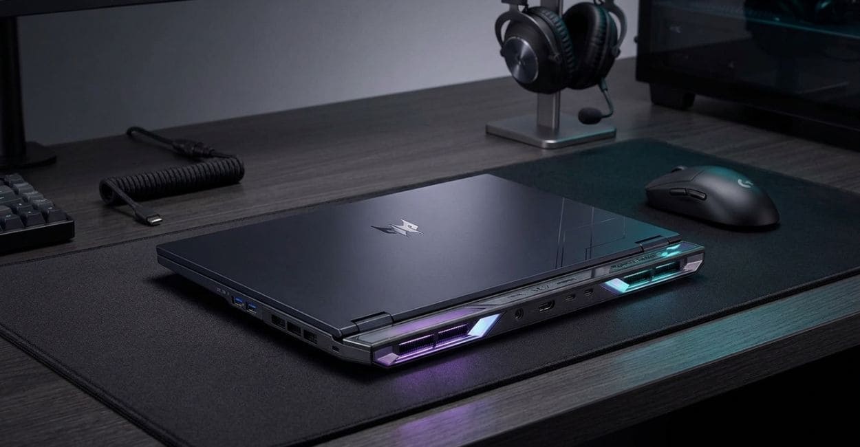 Acer Predator Helios Neo 16 AI fechado sobre a mesa mostrando as saídas de ar traseiras iluminadas e as portas