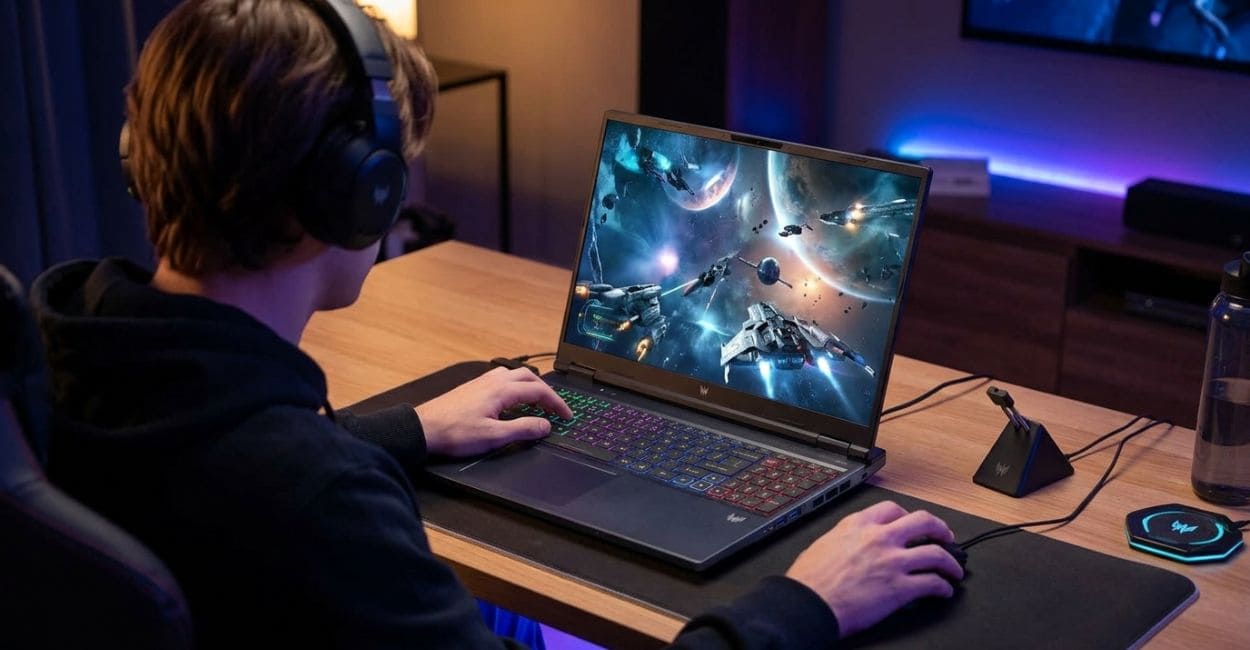 Pessoa jogando no Acer Predator Helios Neo 16 AI com headset, tela exibindo jogo de naves espaciais