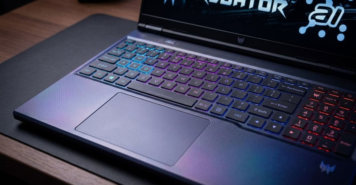 Close do teclado retroiluminado RGB do Acer Predator Helios Neo 16 AI com teclado numérico