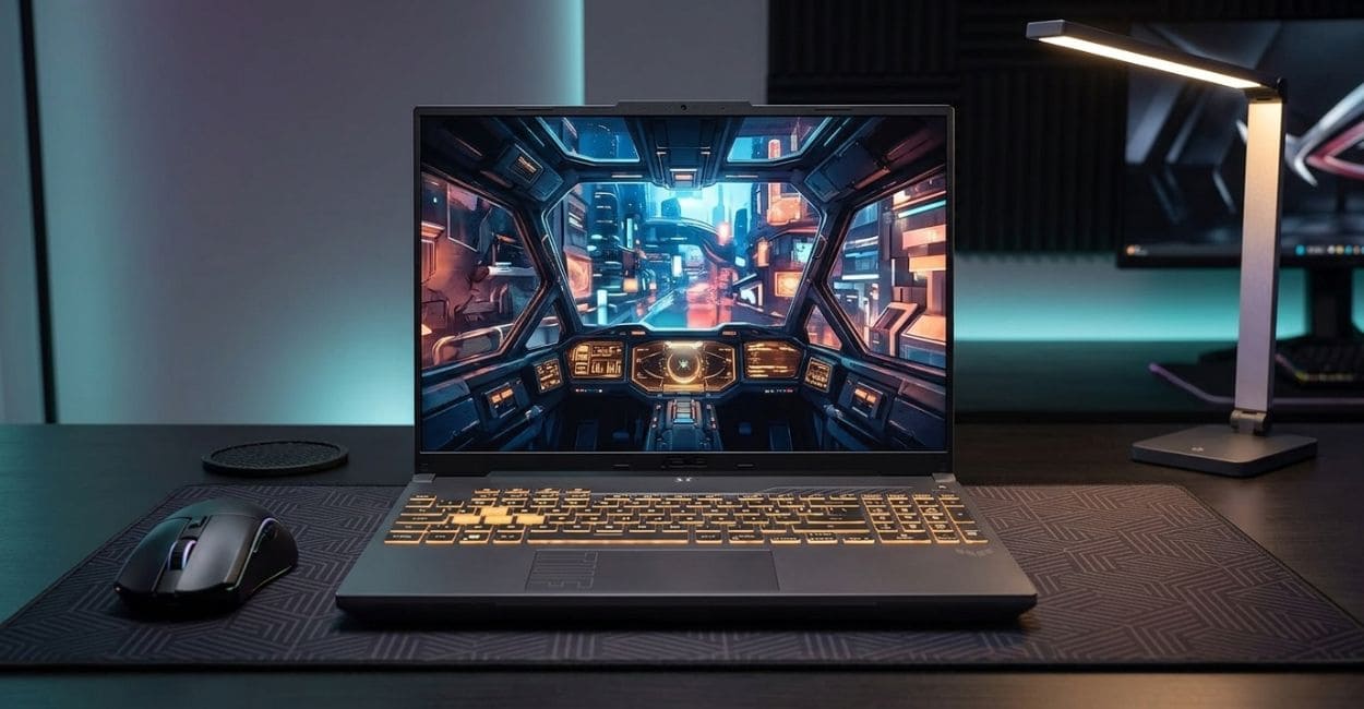 ASUS TUF Gaming F16 aberto de frente em mesa gamer com jogo na tela