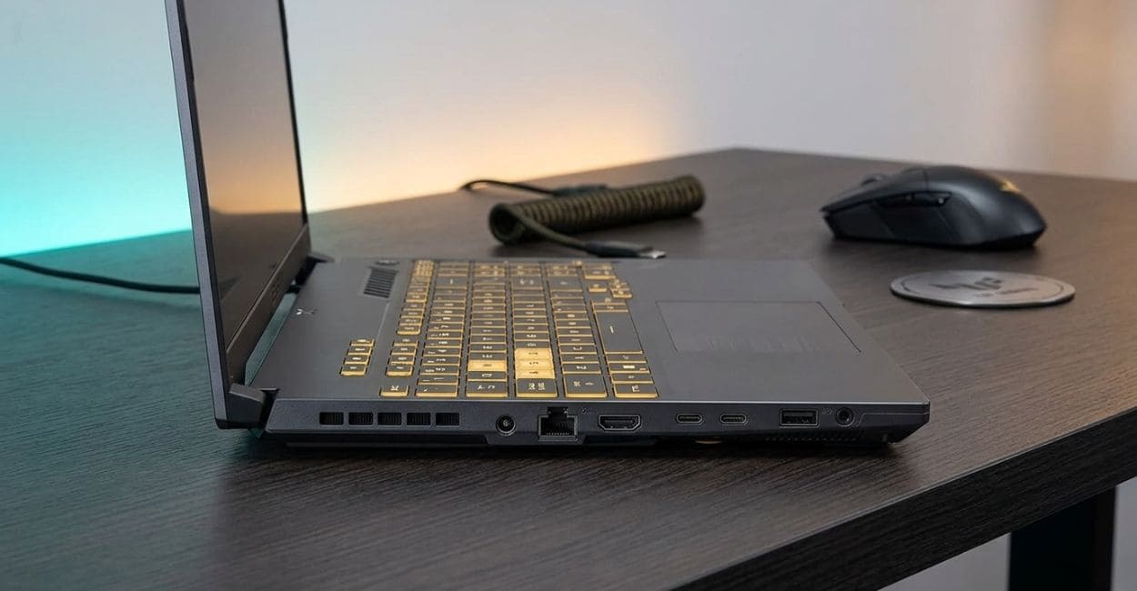 Portas da lateral esquerda do ASUS TUF Gaming F16 com rede, HDMI e USB-C