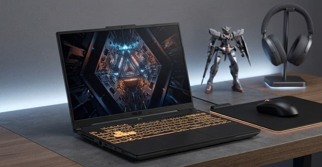 Notebook ASUS TUF Gaming F16 em ângulo de três quartos com teclado iluminado