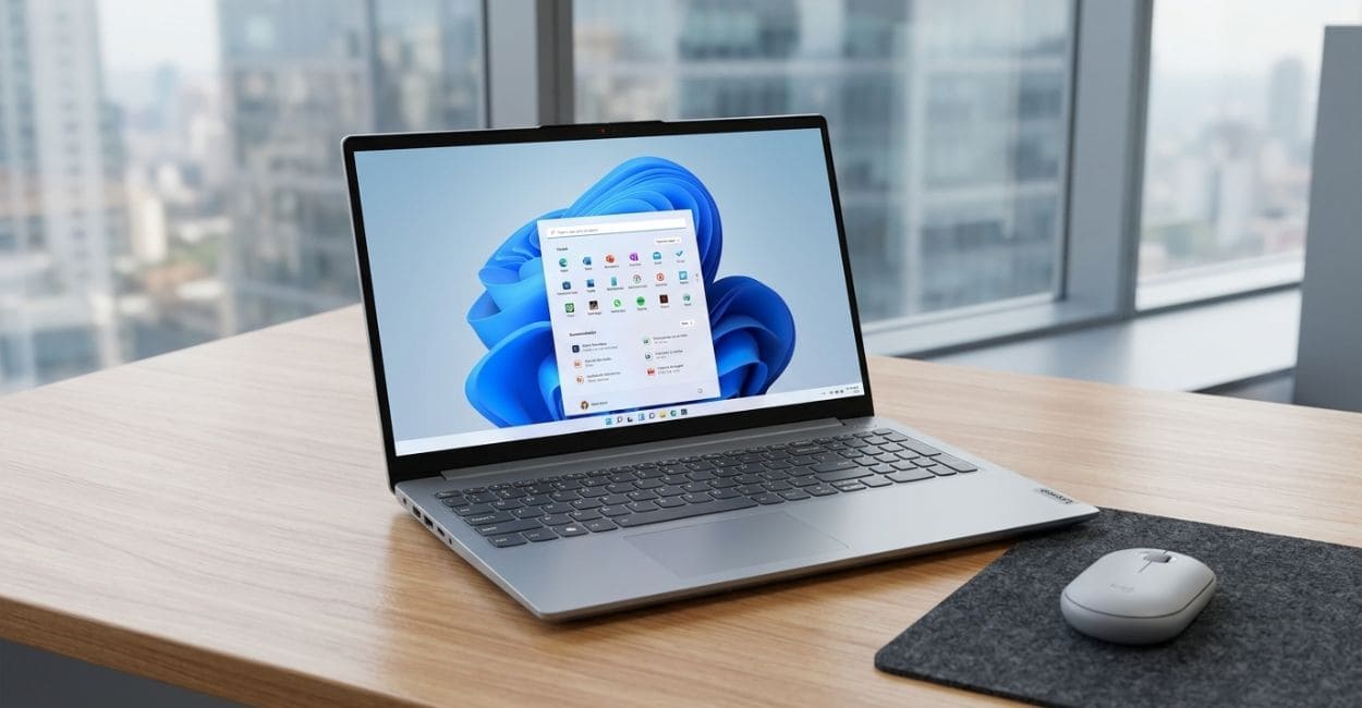Lenovo IdeaPad 1 15AMN7 aberto em mesa de madeira com o menu Iniciar na tela