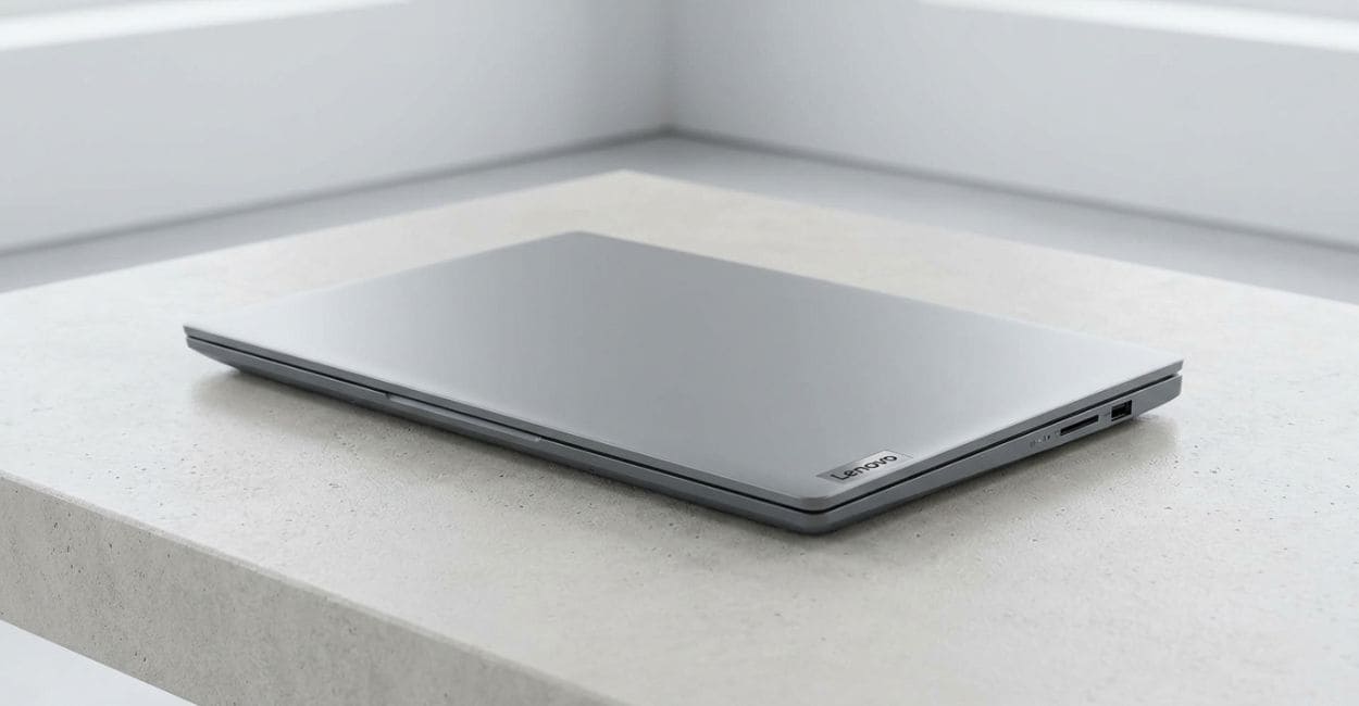 Lenovo IdeaPad 1 15AMN7 fechado com a tampa Cloud Grey e o logo Lenovo