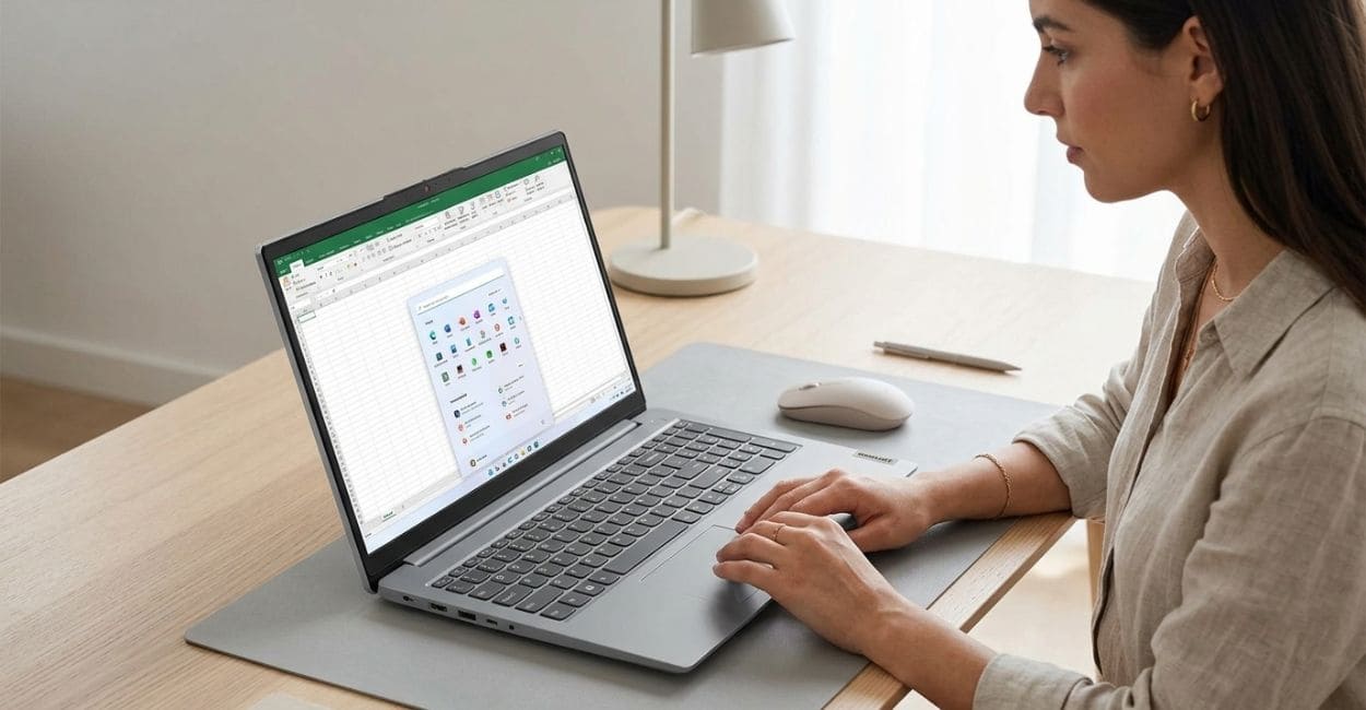 Lenovo IdeaPad 1 15AMN7 em uso com planilha aberta numa mesa de home office