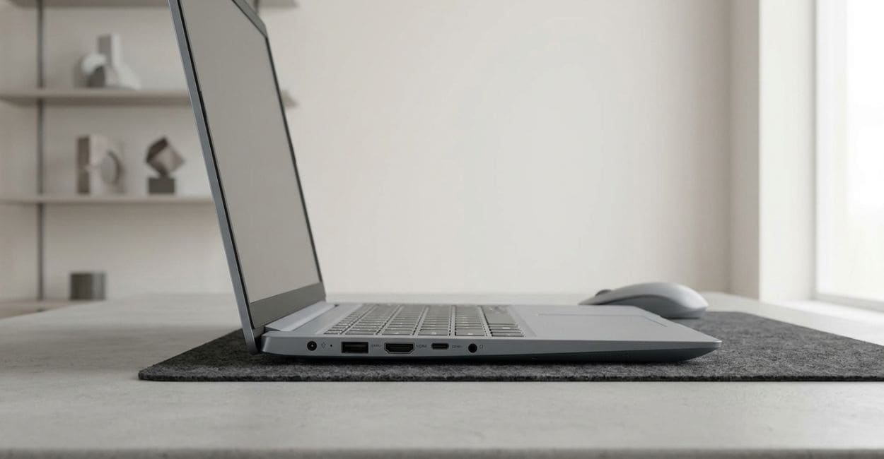 Lateral do Lenovo IdeaPad 1 15AMN7 mostrando a espessura e as portas