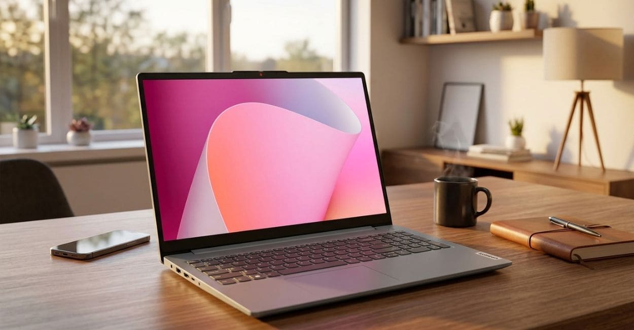Lenovo IdeaPad Slim 3 Ryzen 5 aberto sobre mesa de home office em ângulo diagonal